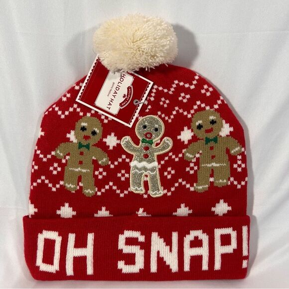 Oh Snap Christmas Knit Beanie Red Pom Pom Hat NWT - Picture 1 of 2